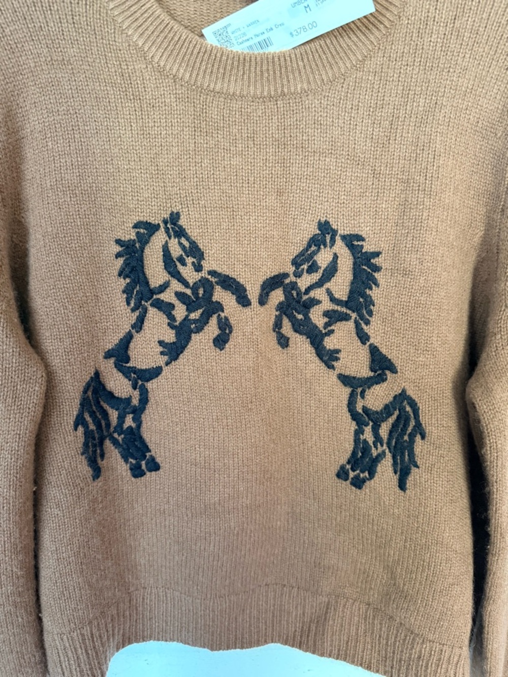 NWT White + Warren Cashmere Wool Horse Embroidered Crewneck Sweater Umber Sz M - Picture 7 of 13